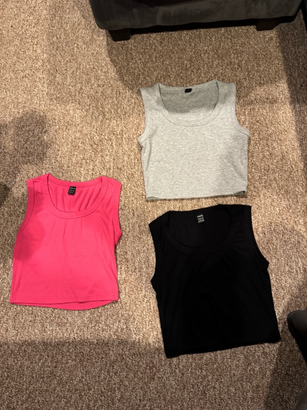 Set of 3 Ribbed Tank Tops - Pink, Gray, Black SHEIN